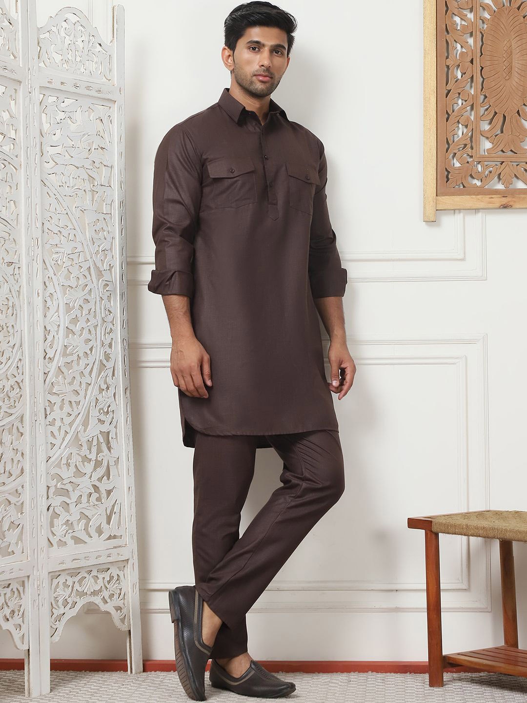 

Anouk Coffee Brown Shirt Collar Pathani Kurta with Pyjamas