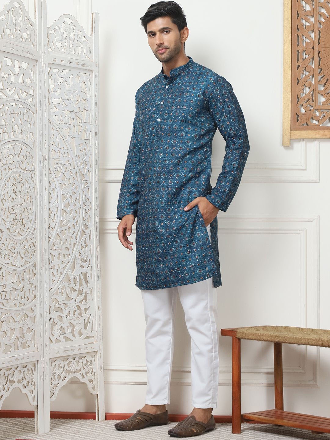 

Anouk Blue Ethnic Motifs Printed Sequinned Mandarin Collar Regular Kurta with Pyjamas