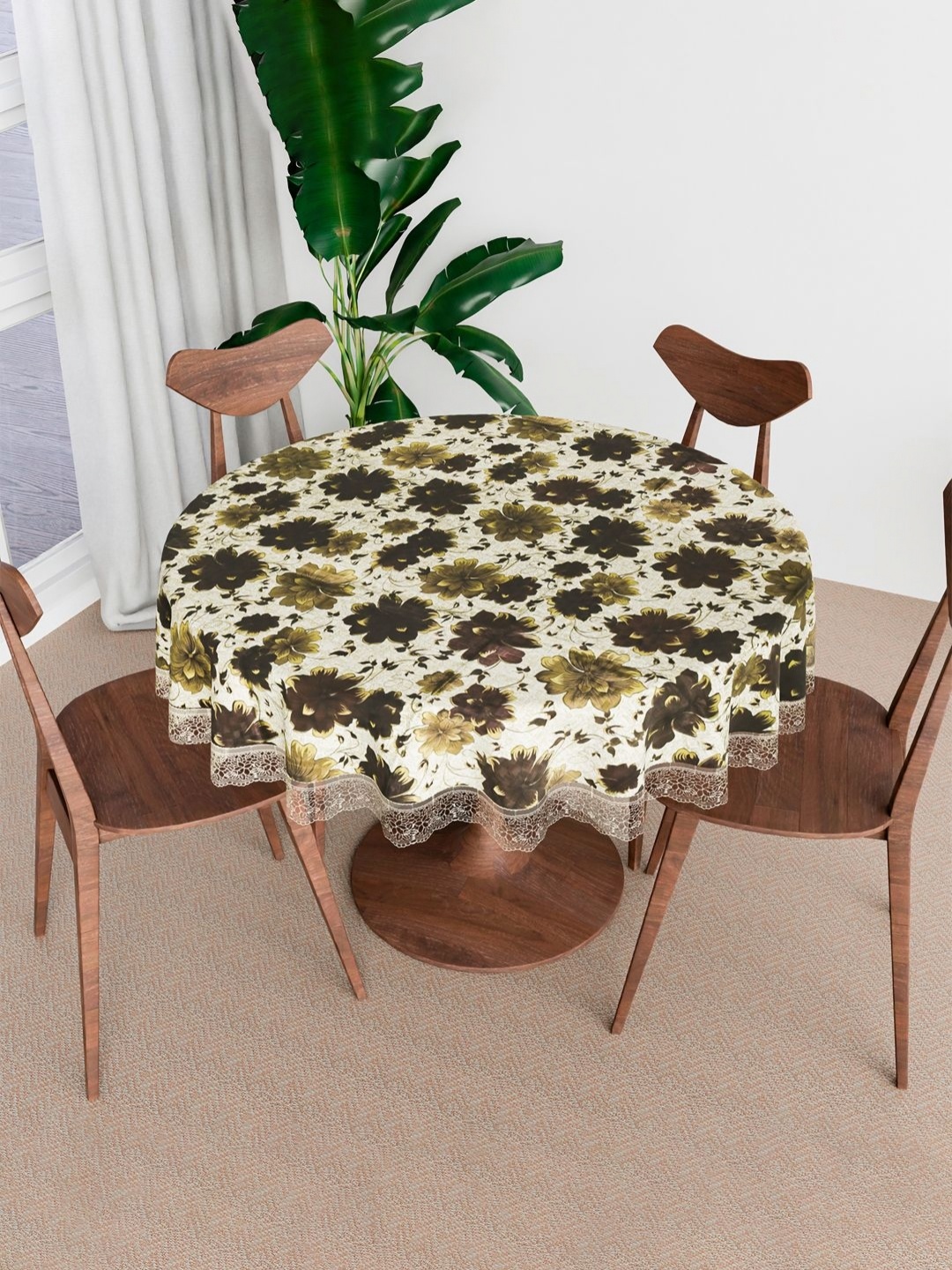 

Kuber Industries Brown & Green Floral Printed Waterproof Round 4-Seater Table Cover