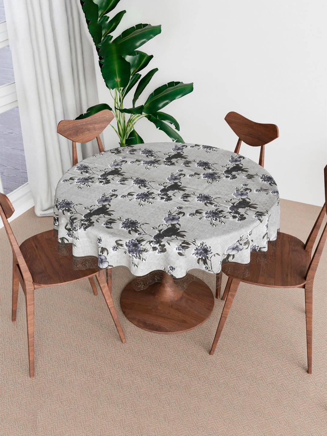 

Kuber Industries Grey & Green Floral Waterproof Round 4-Seater Table Cover