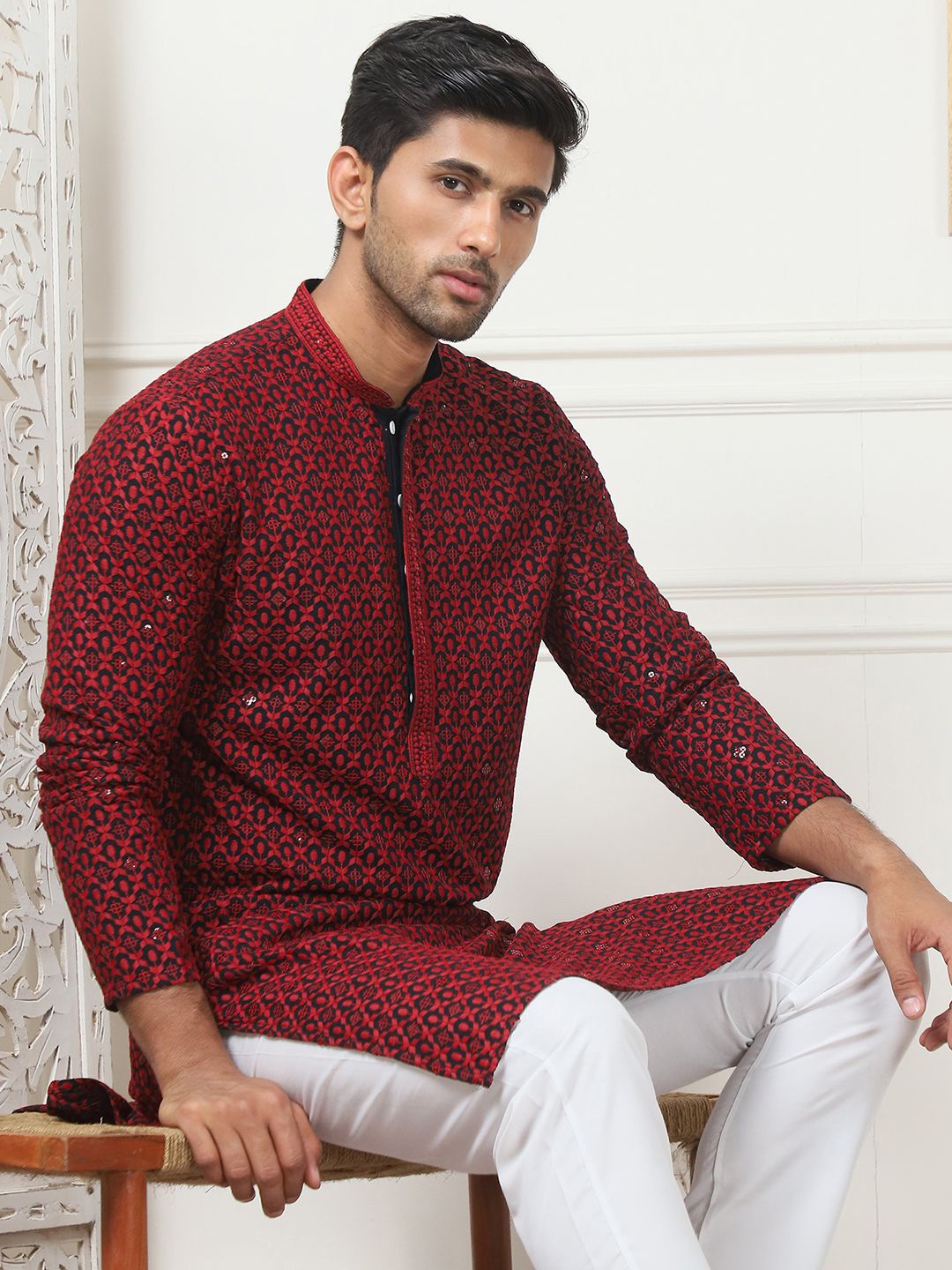 

Anouk Red Floral Embroidered Sequinned Mandarin Collar Regular Kurta with Pyjamas