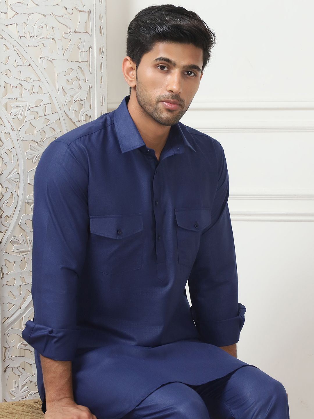 

Anouk Navy Blue Shirt Collar Pathani Kurta with Pyjamas