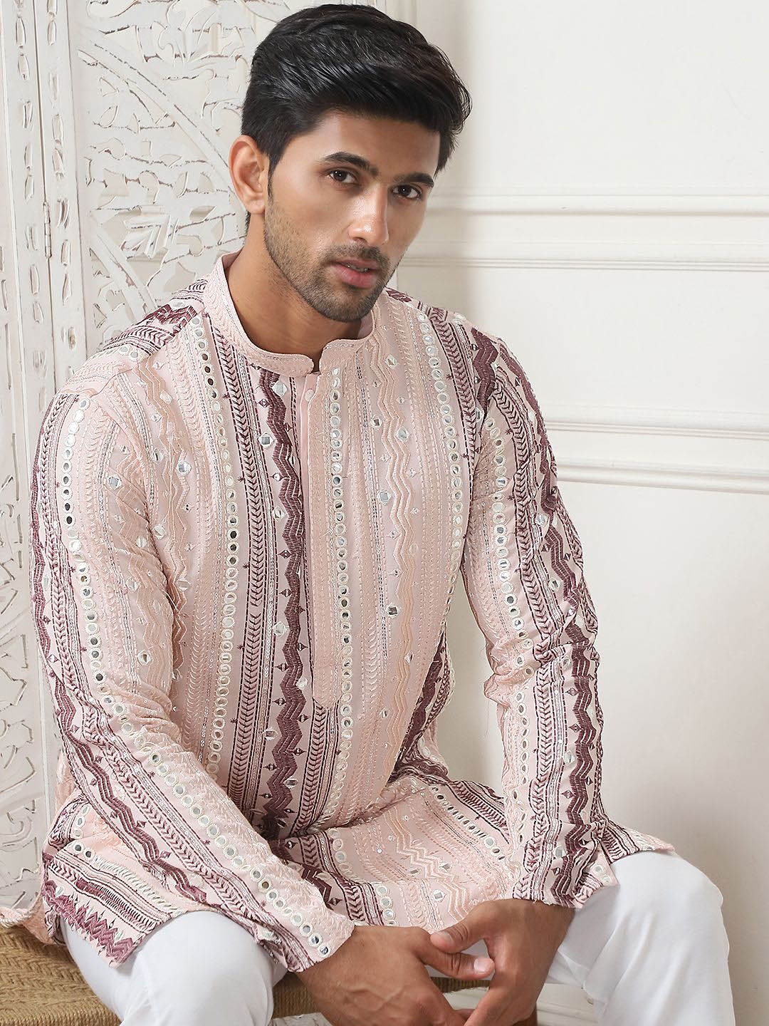 

Anouk Pink Geometric Embroidered Mirror Work Mandarin Collar Regular Kurta with Pyjamas