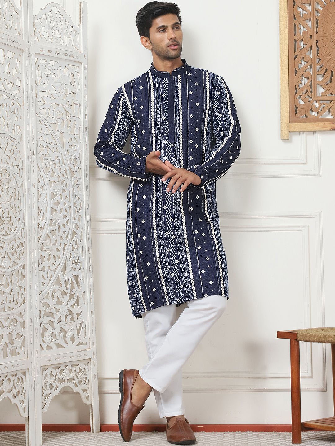 

Anouk Embroidered Mandarin Collar Mirror Work Cotton Silk Straight Kurta With Pyjamas, Navy blue