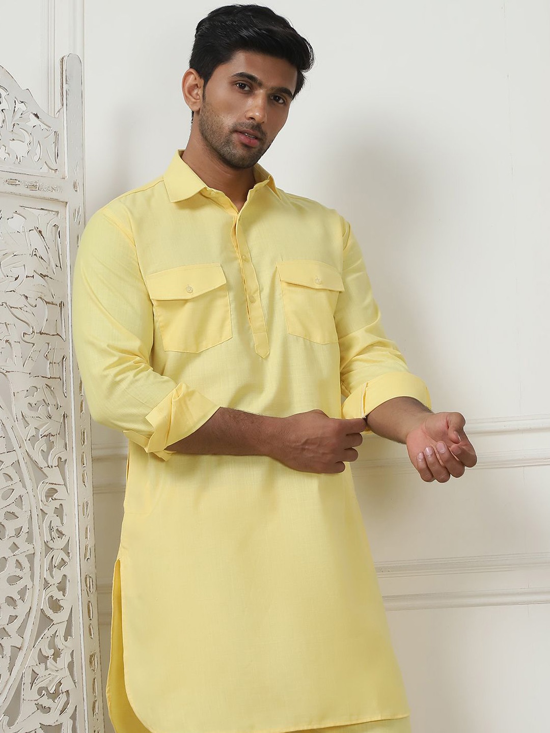 

Anouk Yellow Shirt Collar Pathani Kurta with Pyjamas