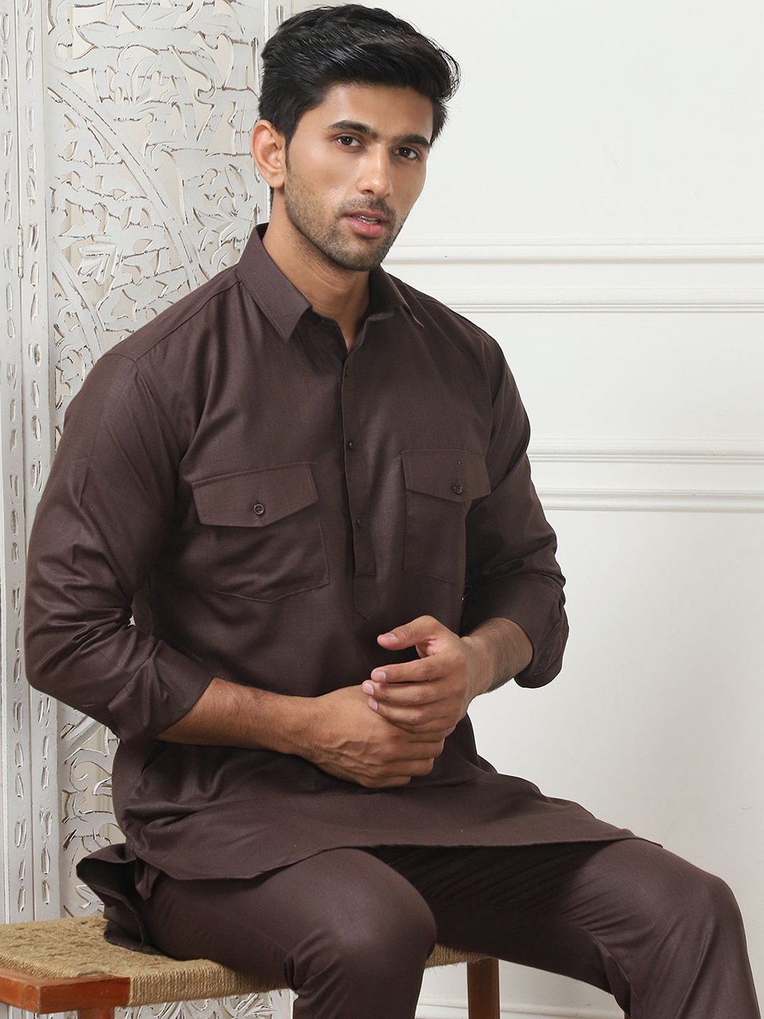 

Anouk Shirt Collar Roll-Up Sleeves Pathani Kurta With Pyjamas, Coffee brown