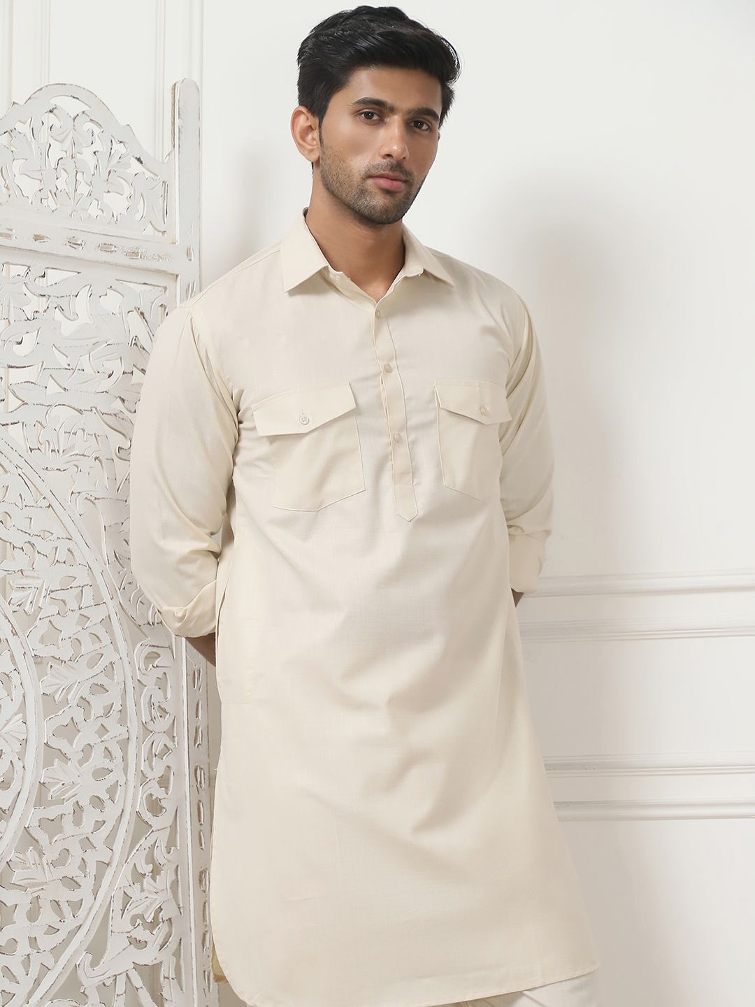 

Anouk Beige Shirt Collar Pathani Kurta with Pyjamas