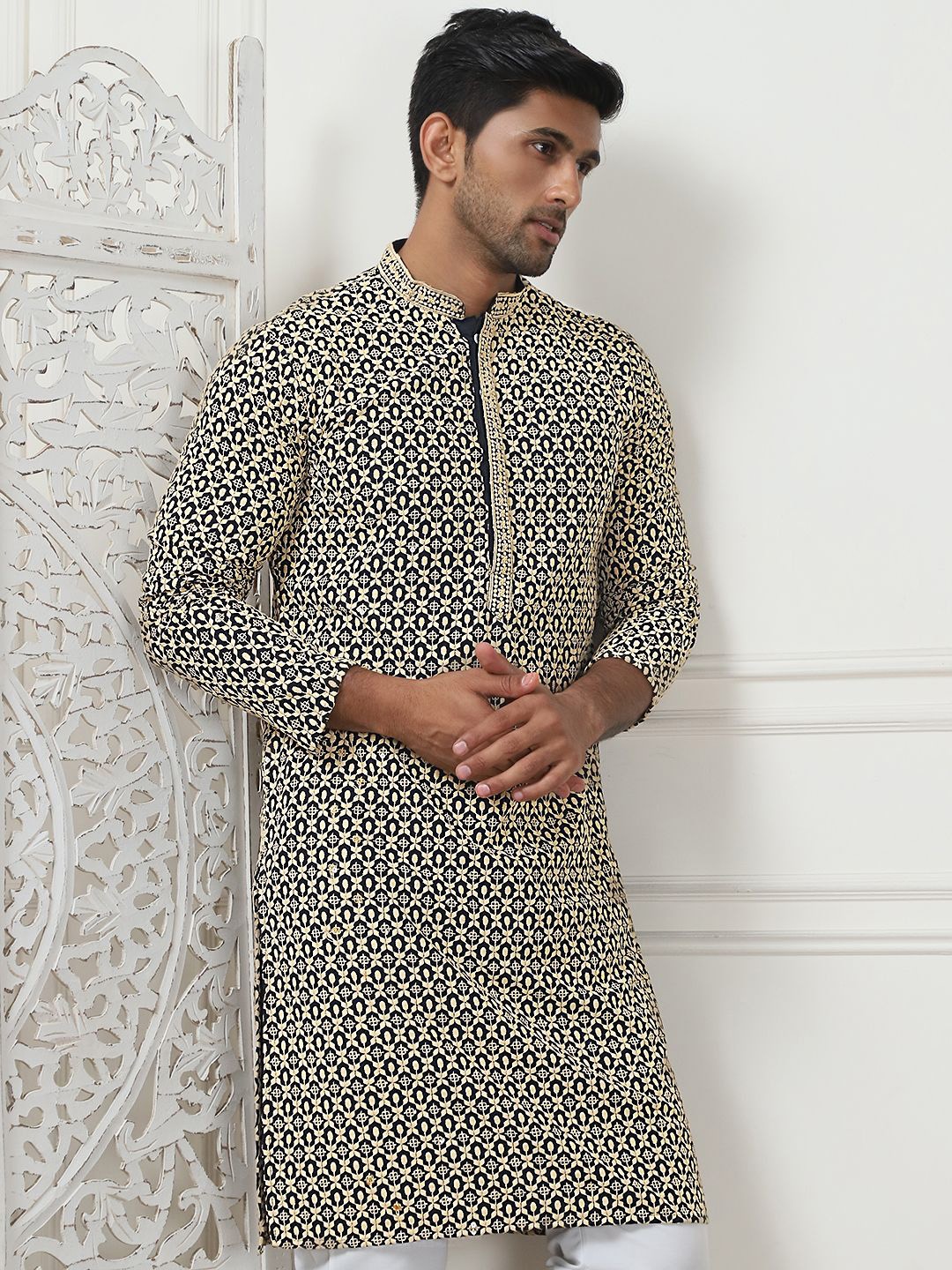 

Anouk Embroidered Regular Thread Work Sequinned Kurta with Pyjamas, Beige