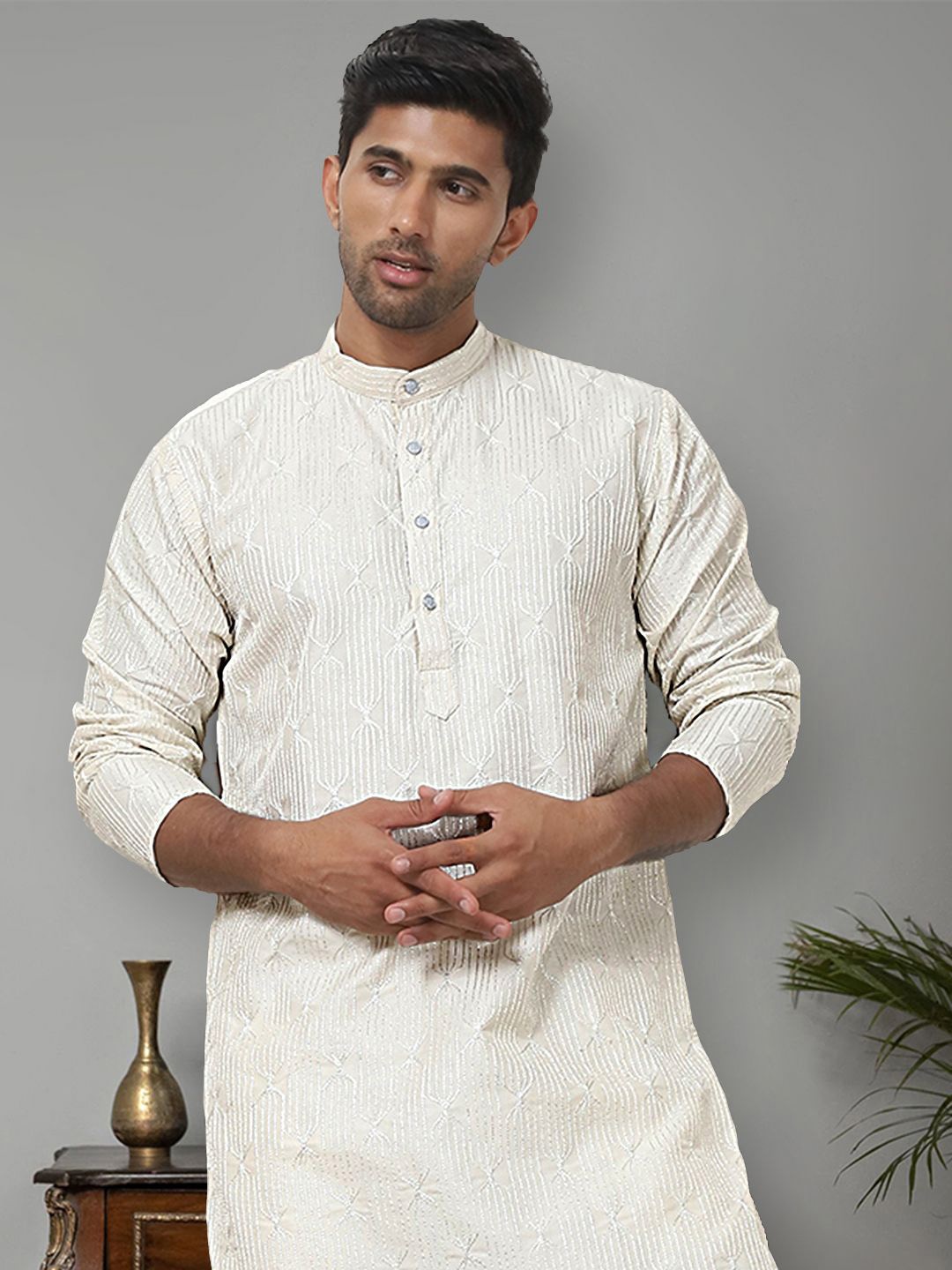 

Anouk Beige Geometric Embroidered Thread Work Silk Cotton Regular Kurta with Pyjamas