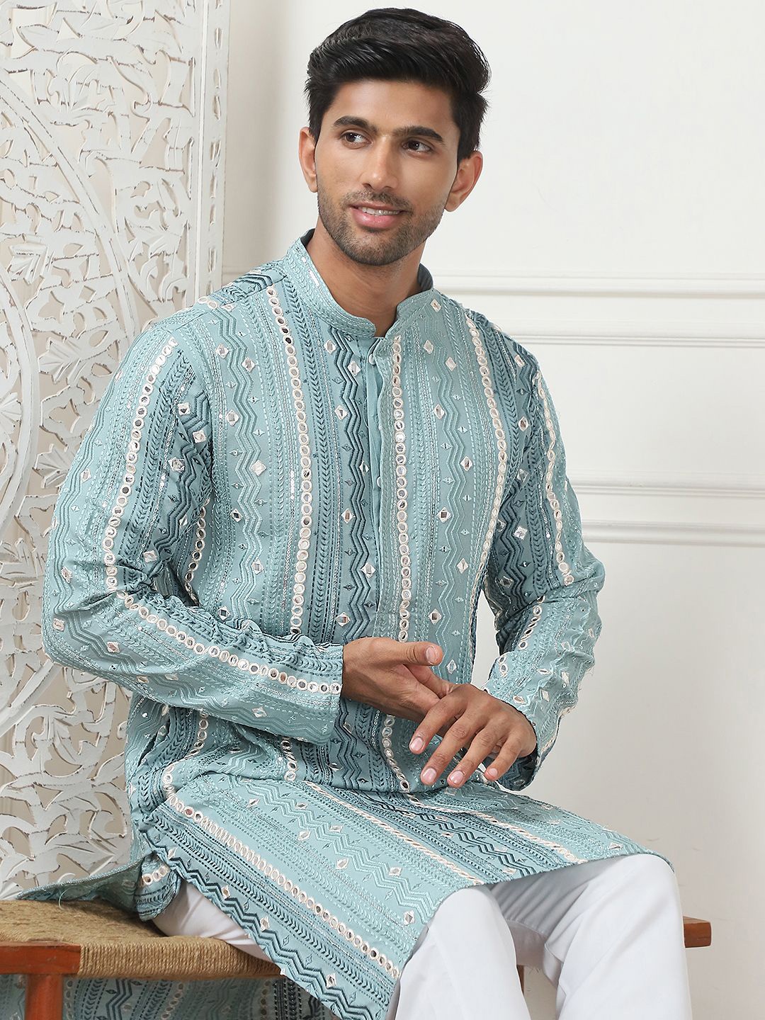 

Anouk Embroidered Regular Mirror Work Kurta with Pyjamas, Blue