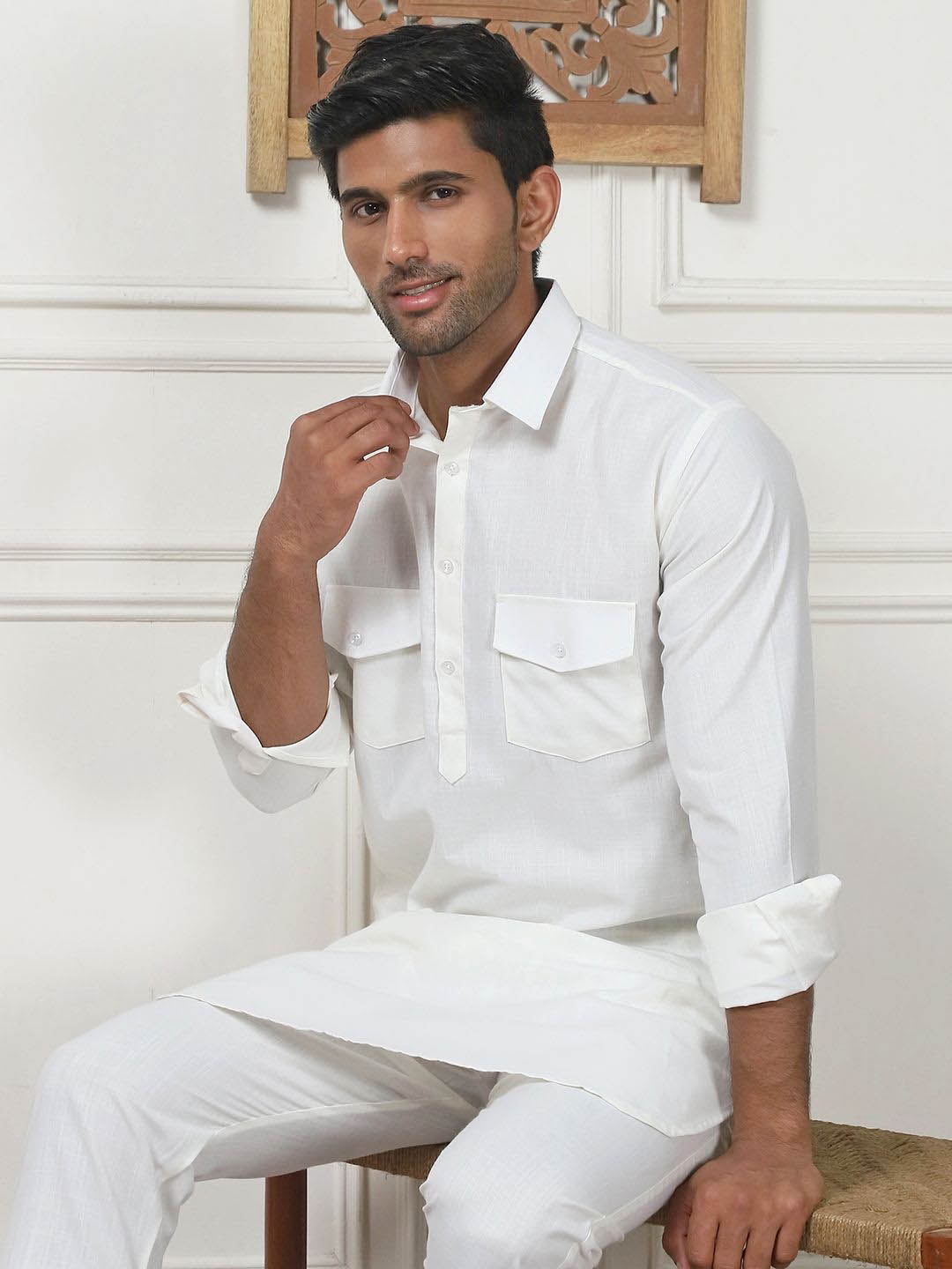 

Anouk Cream-Coloured Shirt Collar Pathani Kurta with Pyjamas