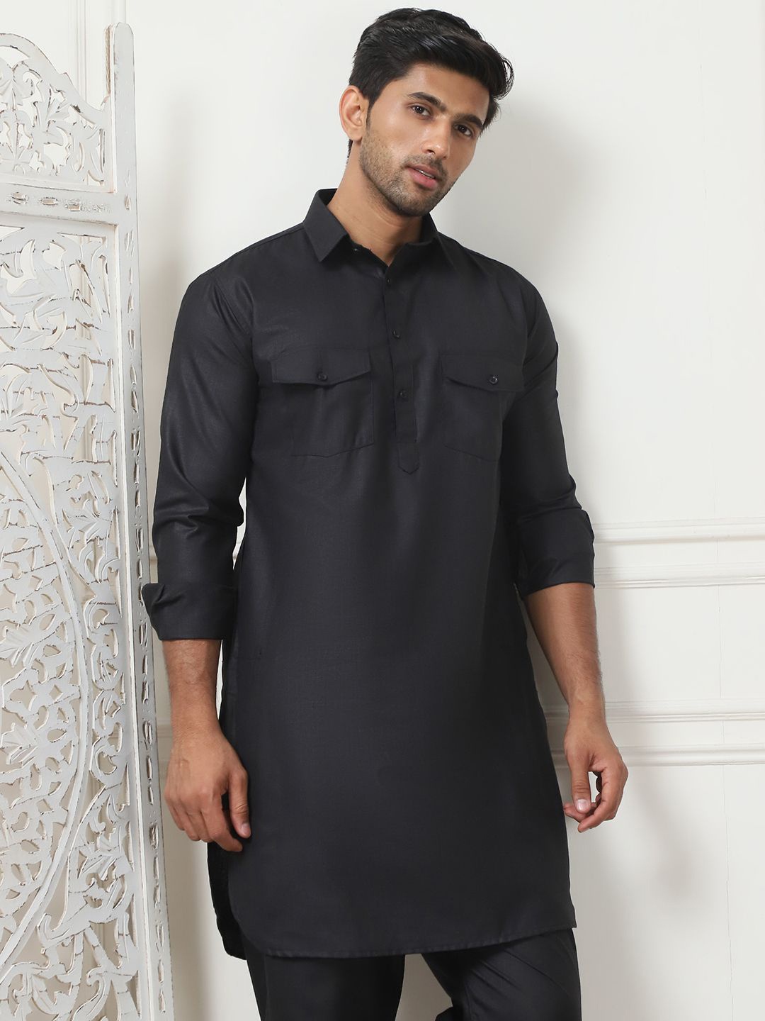 

Anouk Black Shirt Collar Pathani Kurta with Pyjamas