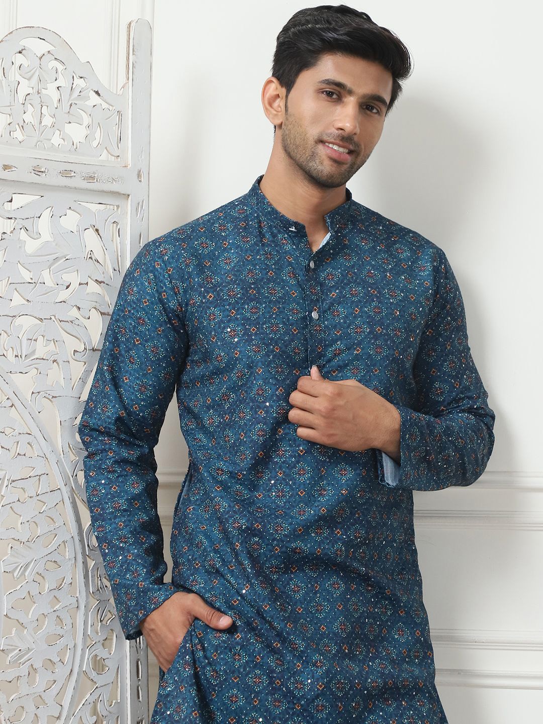 

Anouk Blue Ethnic Motifs Printed Sequinned Mandarin Collar Regular Kurta with Pyjamas