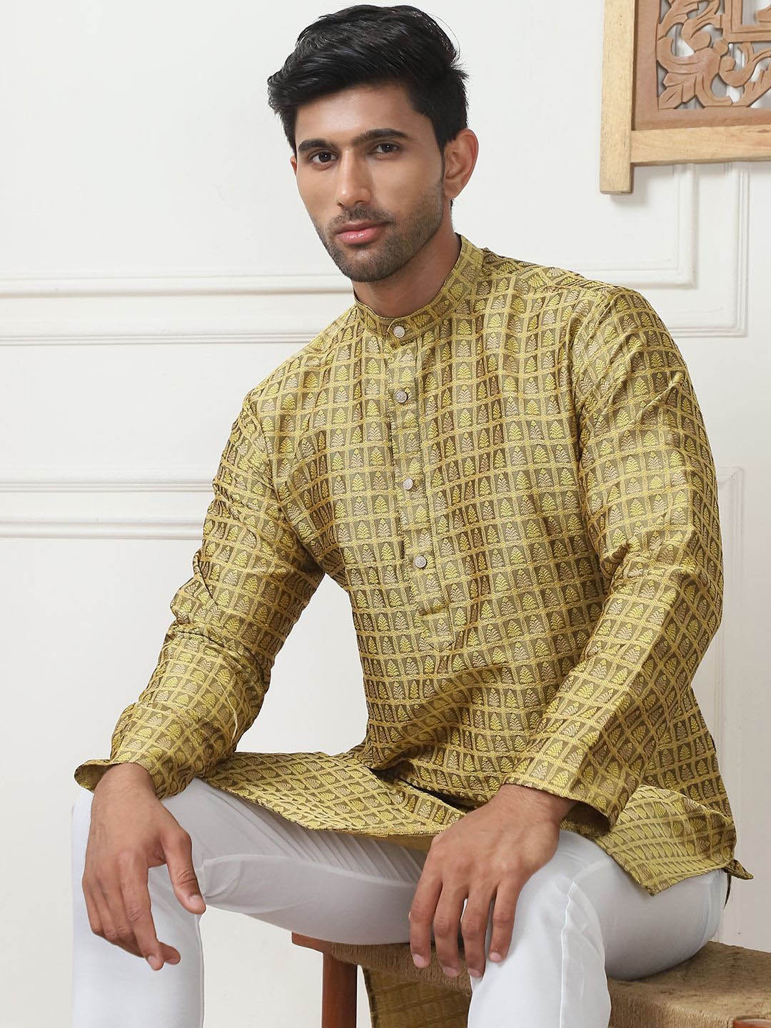 

Anouk Mustard yellow Floral Woven Design Jacquard Weave Silk Cotton Kurta With Pyjamas