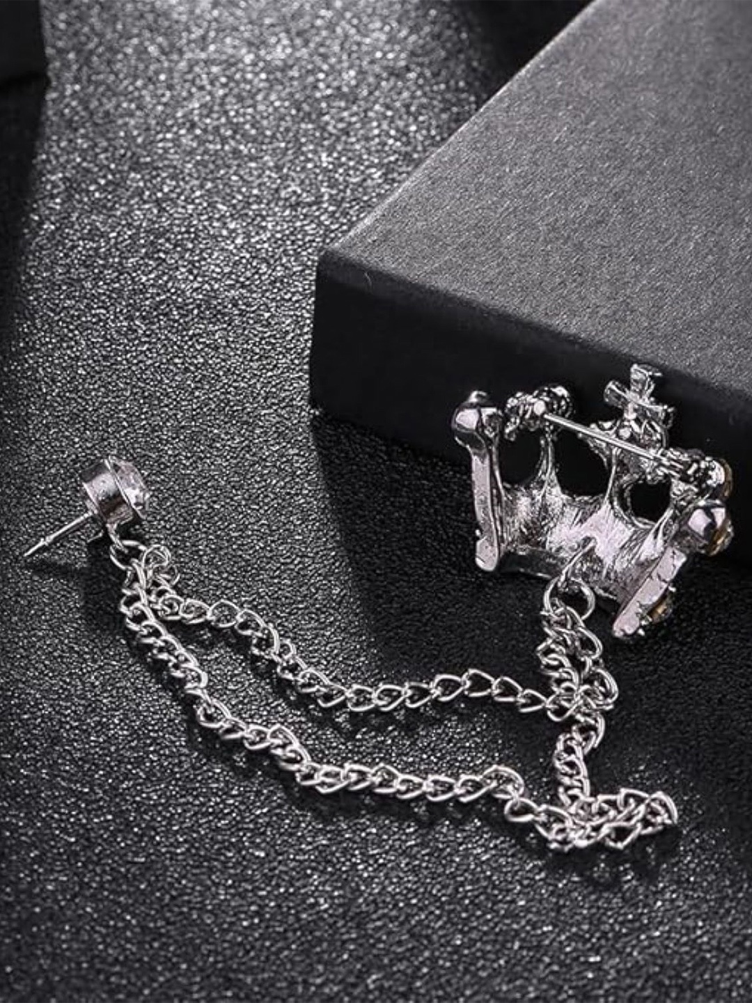 

SYGA Men Stones Studded Tassel Crown Brooch With Chain, Silver