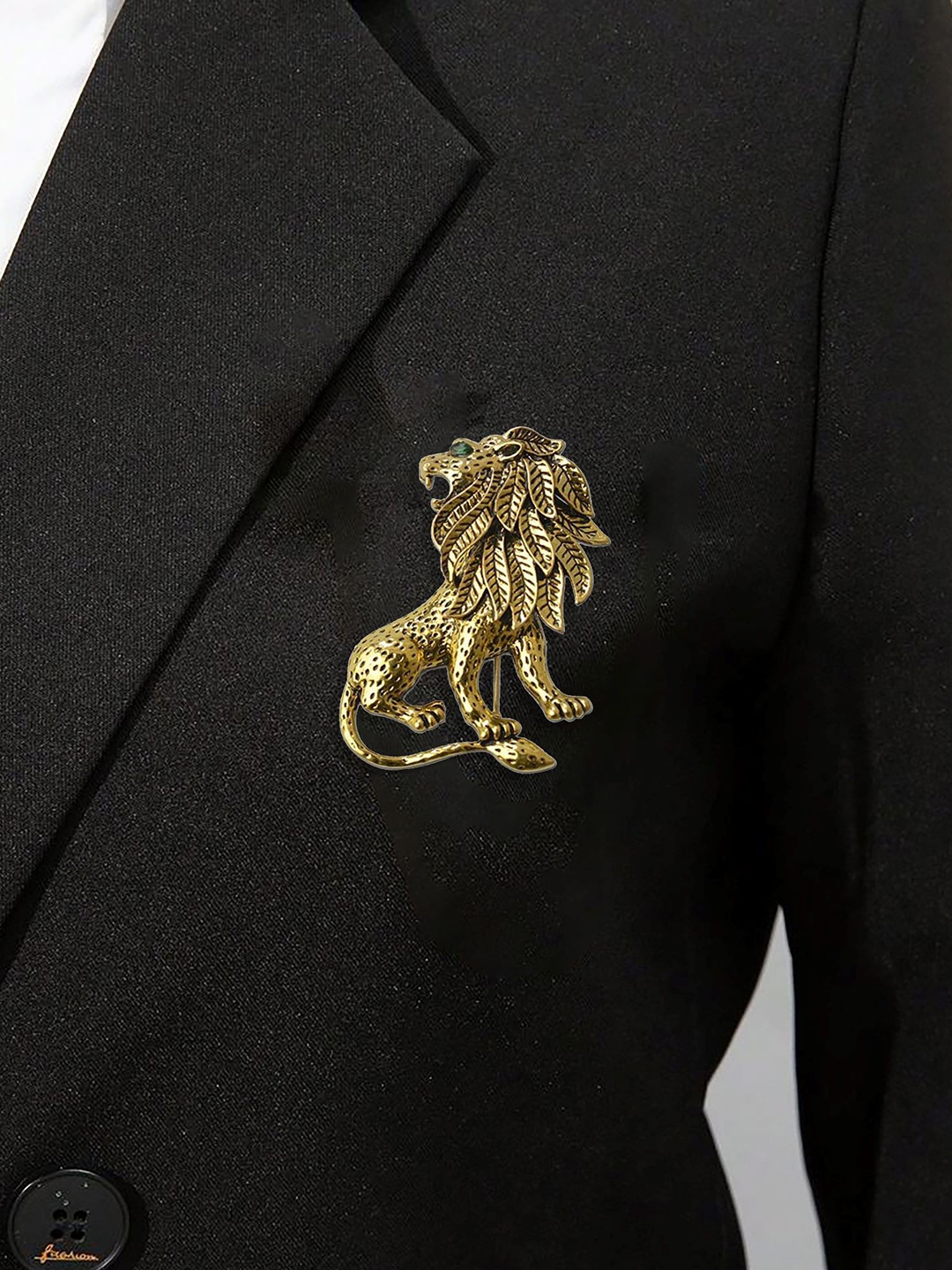 

SYGA Men Stones Studded Lion Brooch, Gold