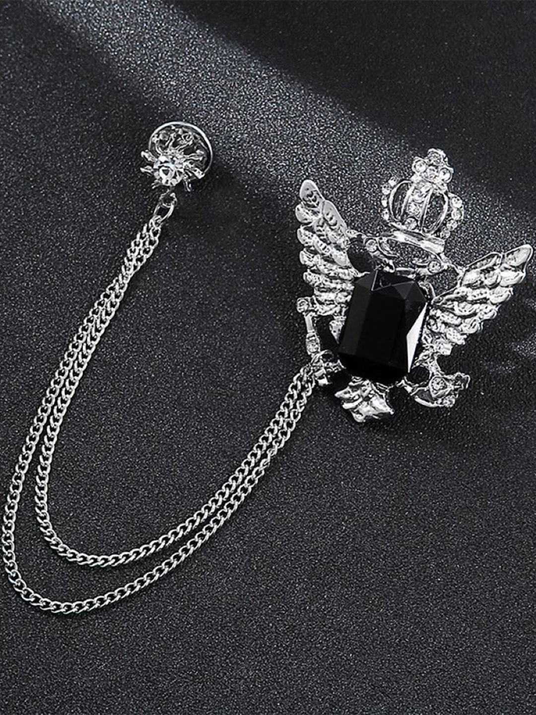 

SYGA Men Stones Studded Tassel Crown Brooch With Chain, Silver