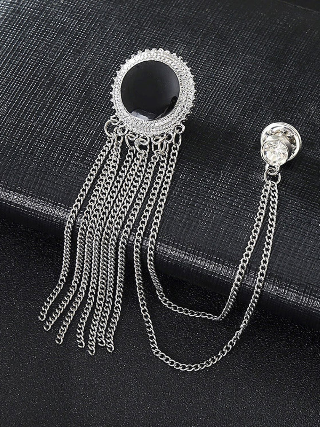 

SYGA Men Stones Studded Tassel Brooch With Chain, Silver