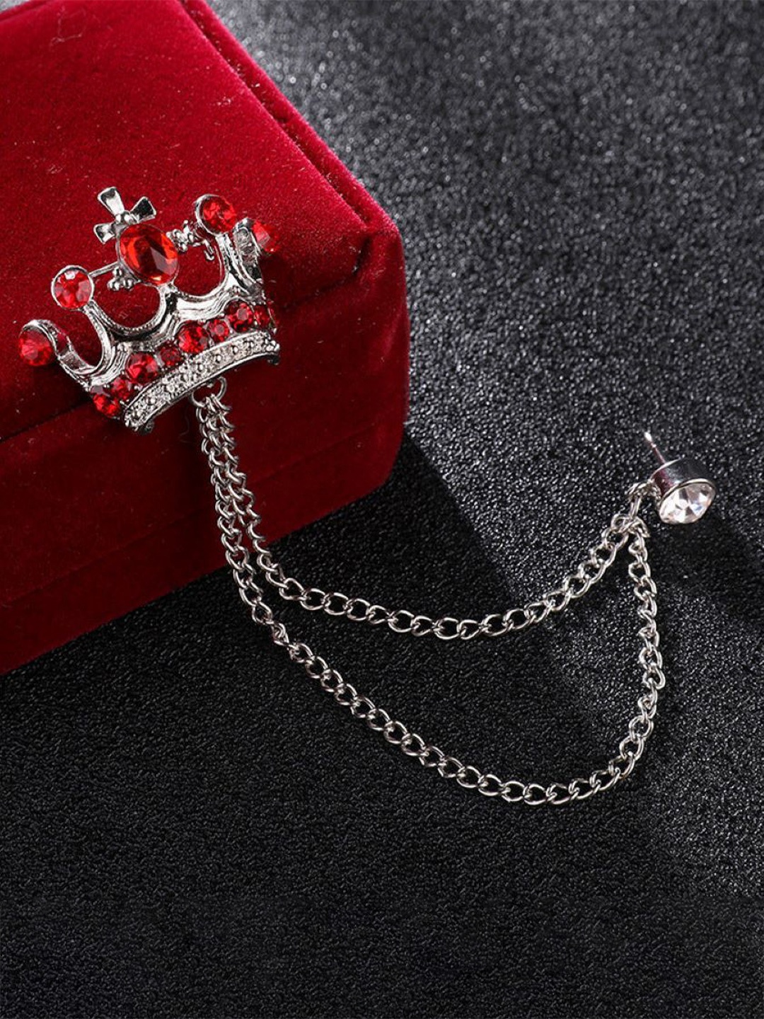 

SYGA Men Stones Studded Tassel Crown Brooch With Chain, Silver