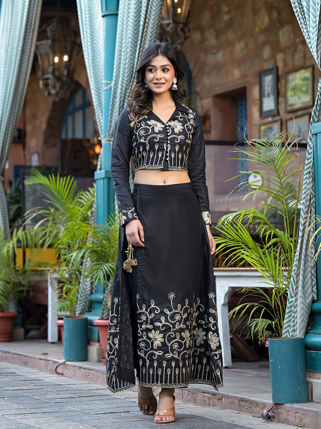 

AKS Couture Embroidered Gotta Patti Cotton Ready to Wear Lehenga & Blouse, Black