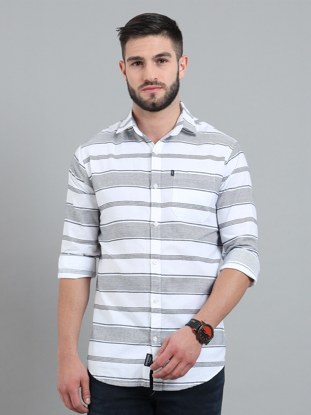 

Rope Men Classic Slim Fit Horizontal Stripes Opaque Striped Casual Shirt, White