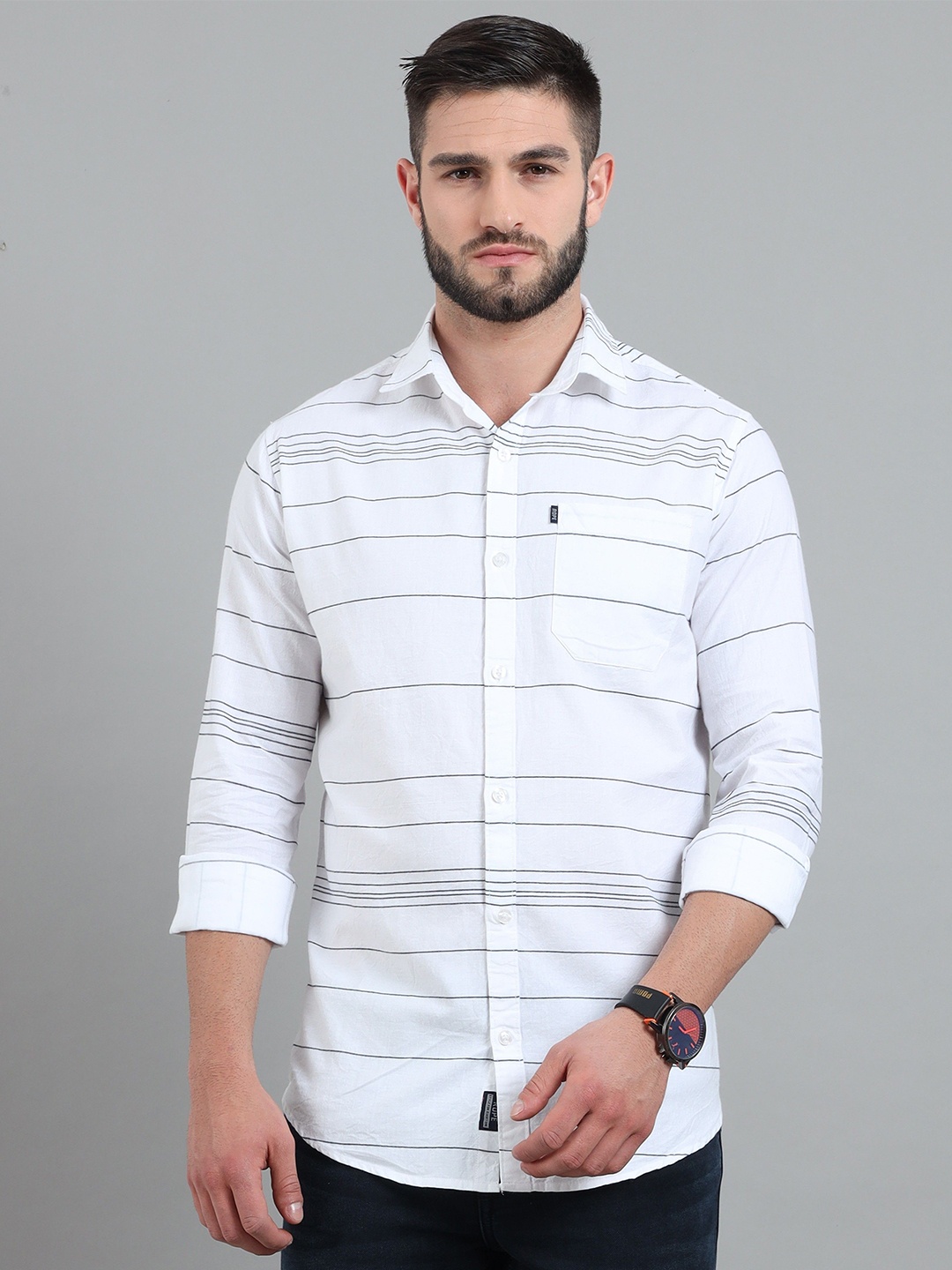 

Rope Men Classic Slim Fit Horizontal Striped Casual Shirt, White