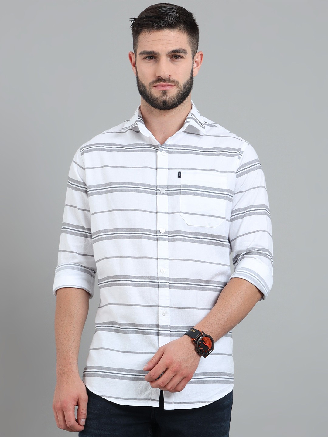 

Rope Men Classic Slim Fit Horizontal Stripes Opaque Striped Casual Shirt, White
