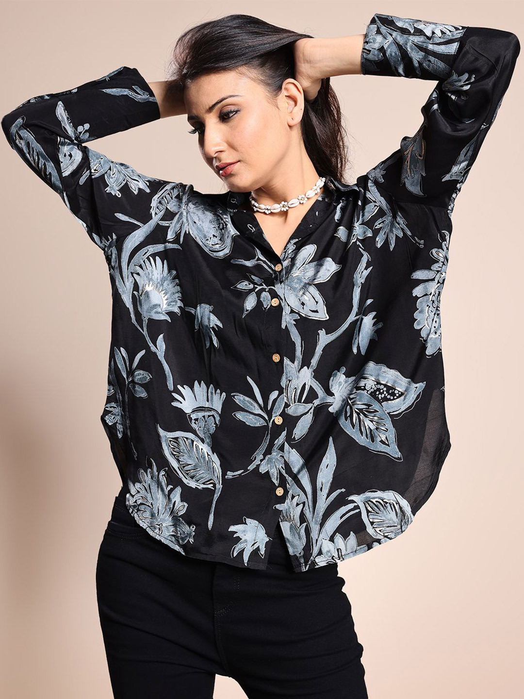 

ADITI ATTIRES Women Premium Floral Printed Casual Shirt, Black