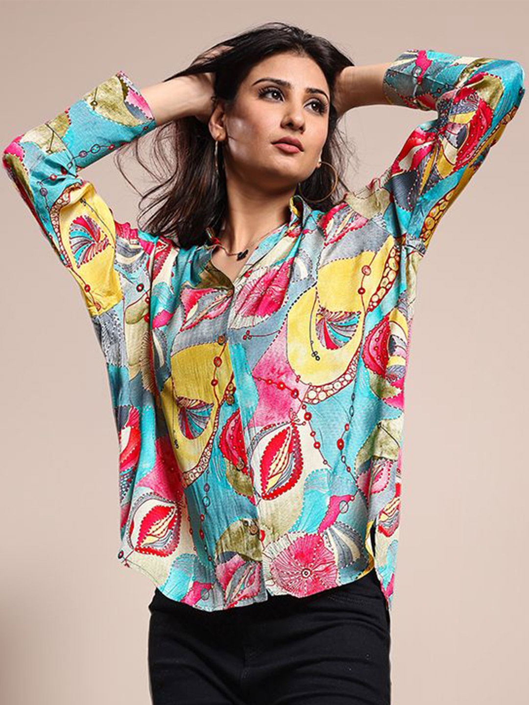 

ADITI ATTIRES Women Whispering Meadow Floral Opaque Printed Oversized-Size Casual Shirt, Blue