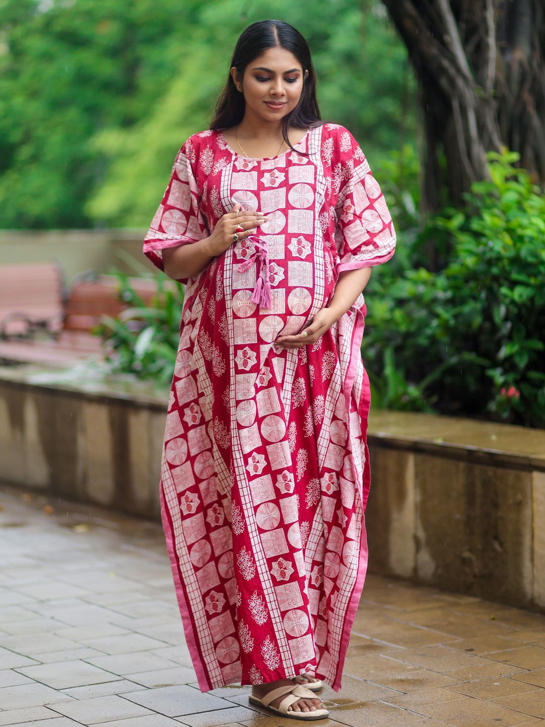 

Aujjessa Ethnic Motifs Print Flared Sleeve Maternity Kaftan Maxi Dress, Maroon