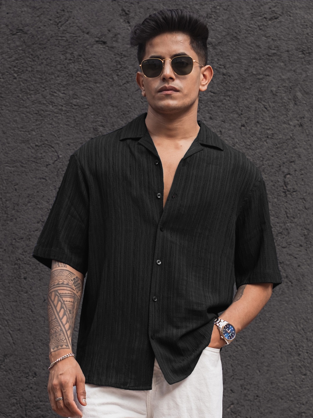 

Powerlook Men Opaque Striped Casual Shirt, Black