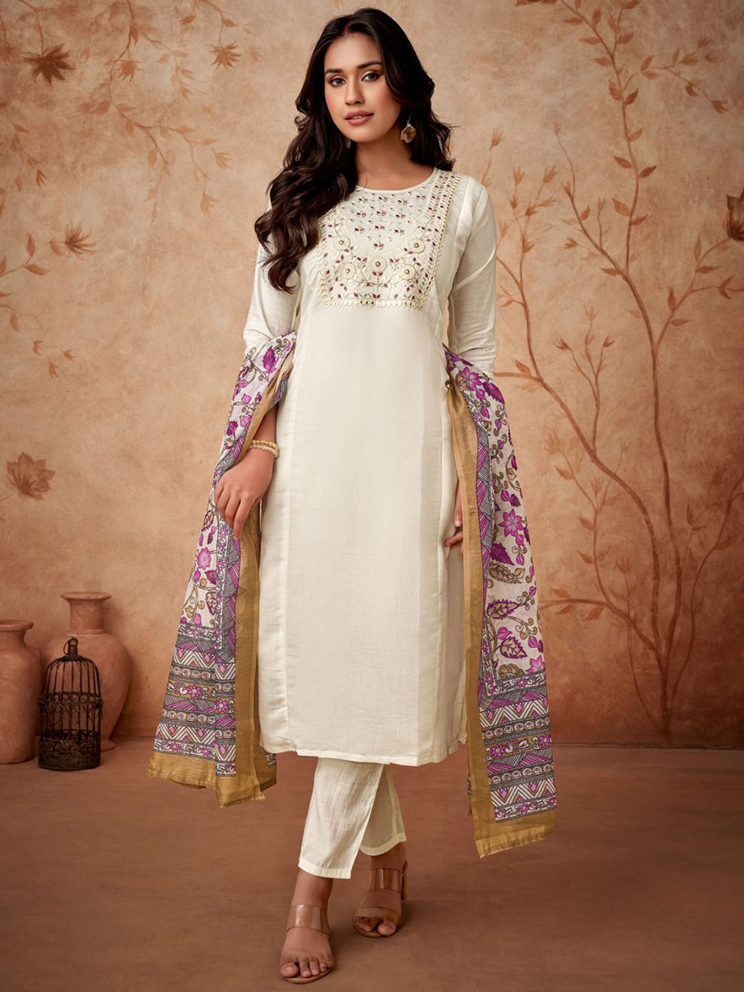 

KALINI Floral Embroidered Mirror Work Chanderi Silk Straight Kurta With Trousers & Dupatta, Off white