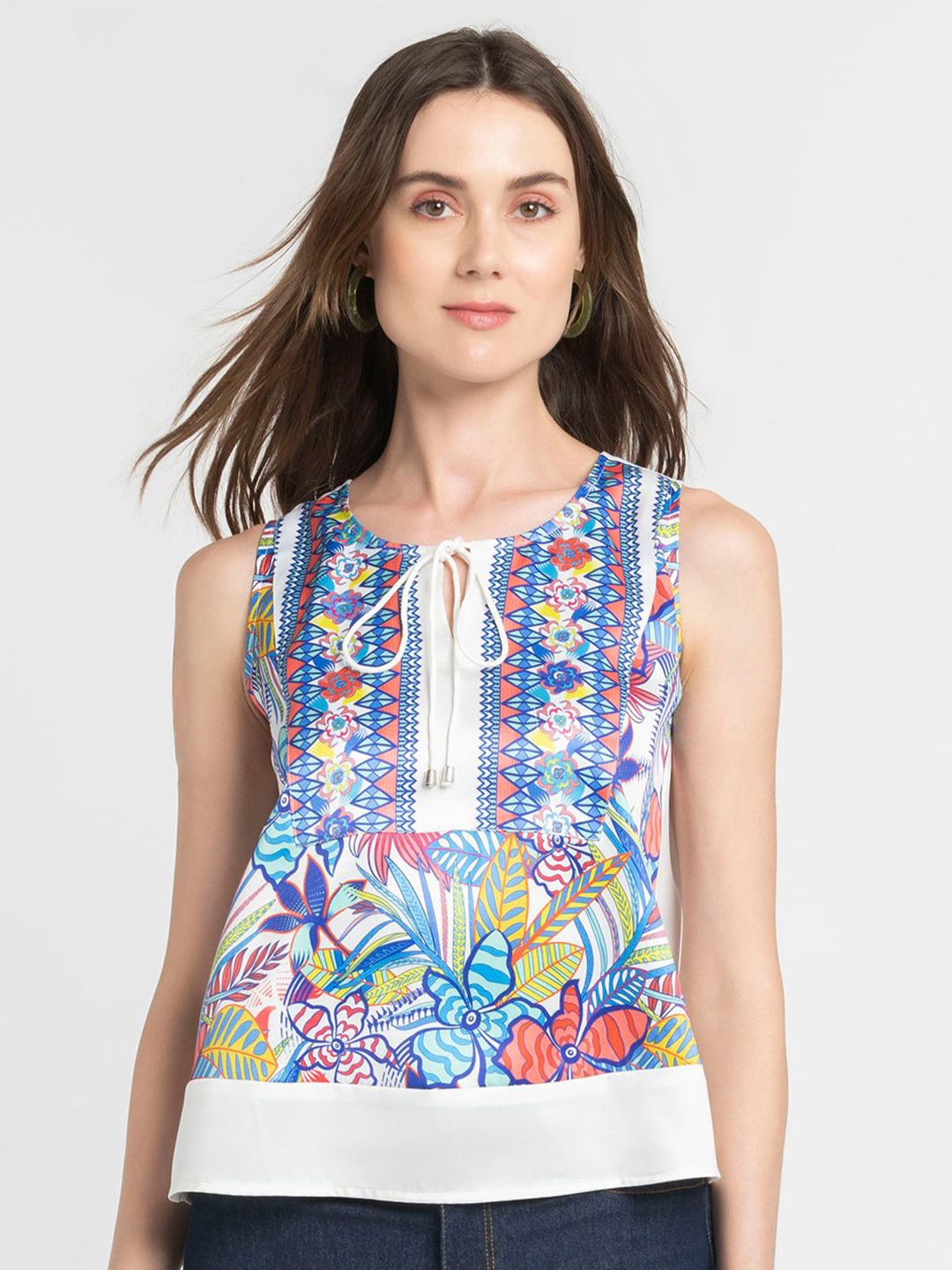 

SHAYE Floral Print Tie-Up Neck Satin Top For Women, White