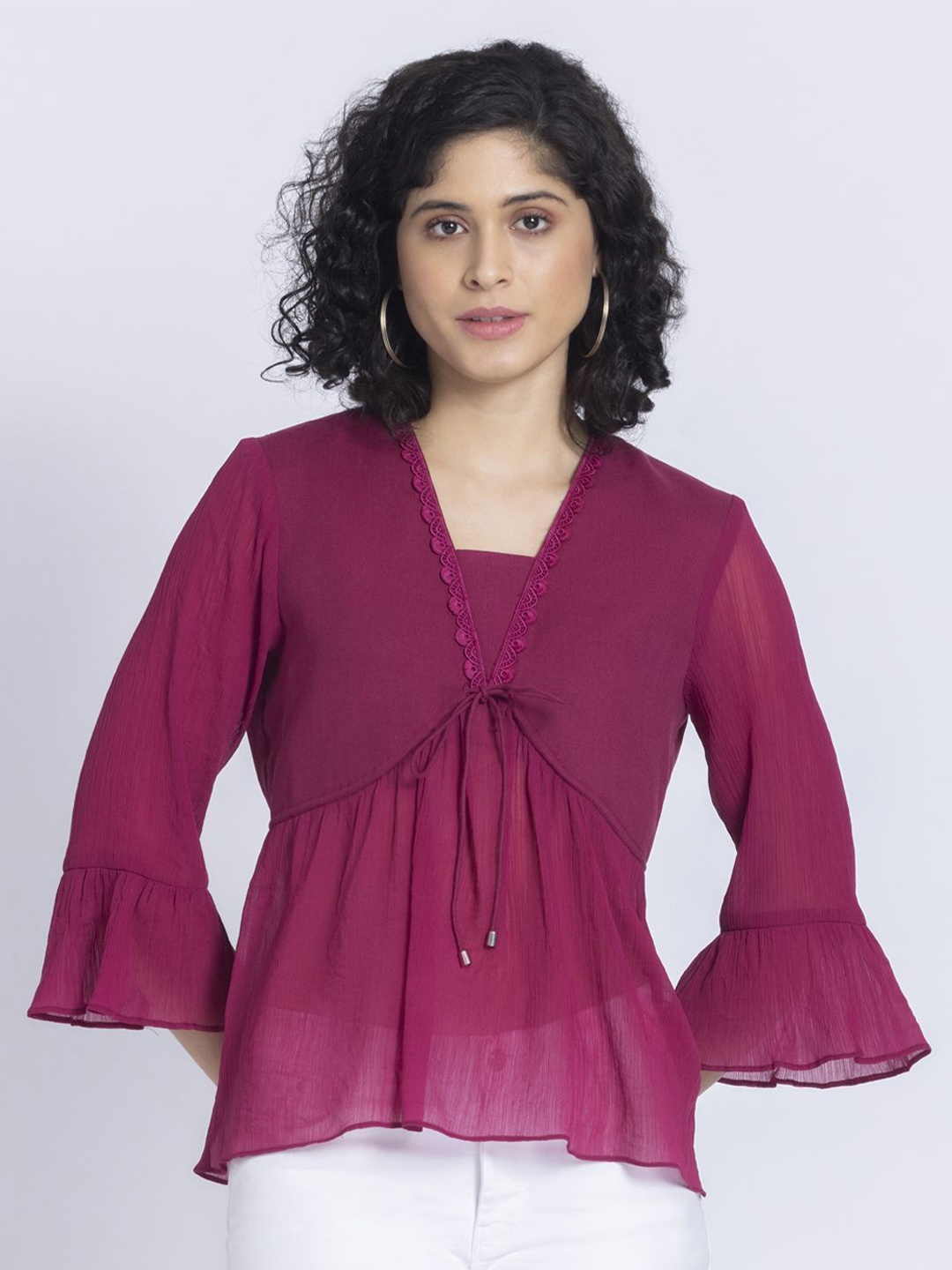 

SHAYE Women V-Neck Bell Sleeve Lace Inserts Empire Top, Maroon