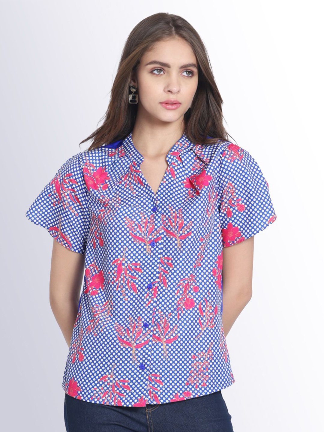 

SHAYE Women Geometric Print Short Sleeves Shirt Style Top, Blue