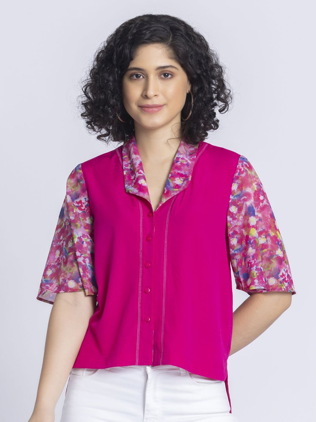 

SHAYE Women Flared Sleeve Crepe Shirt Style Top, Pink