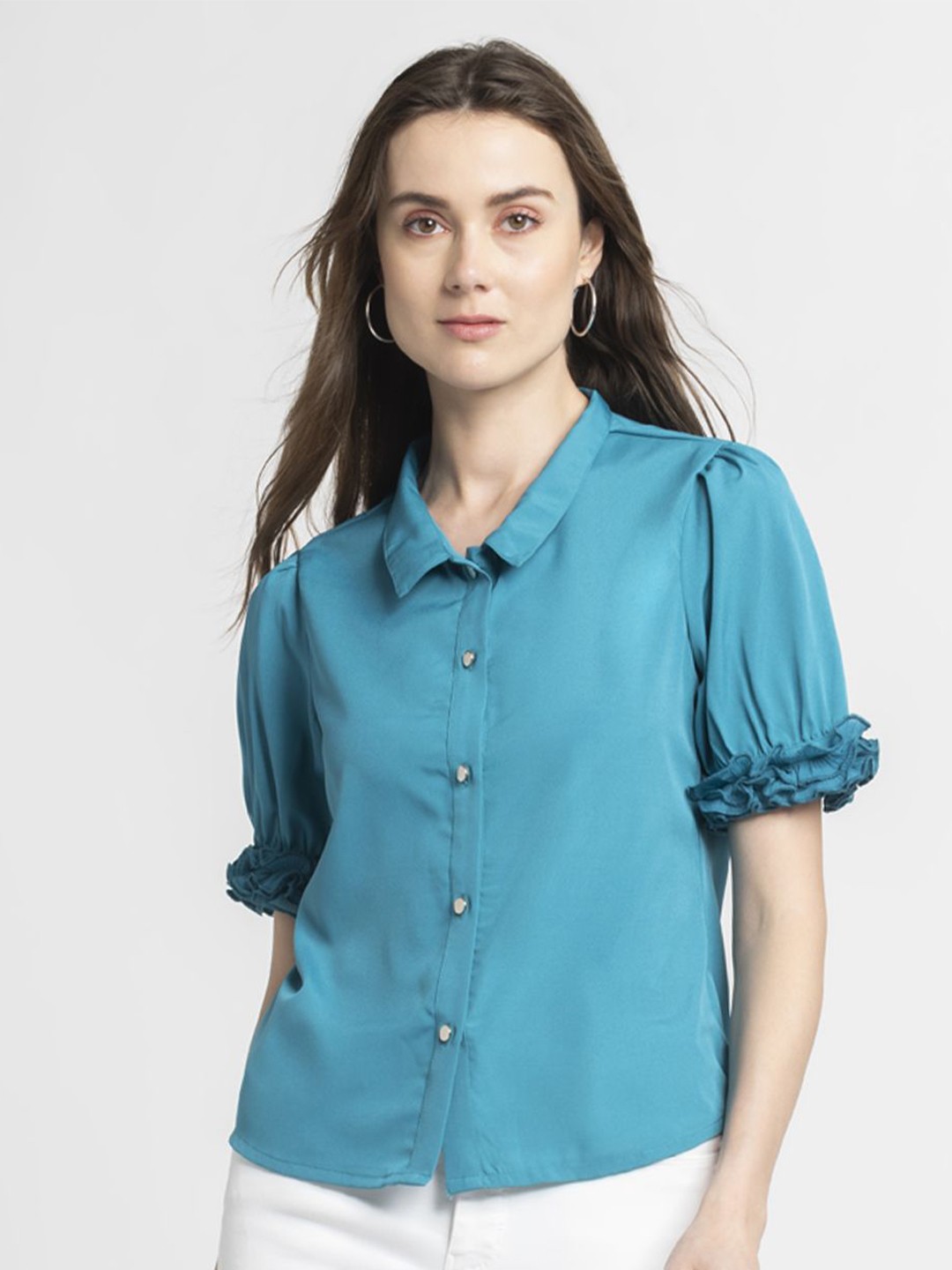 

SHAYE Women Shirt Collar Puff Sleeve Ruffles Shirt Style Top, Blue