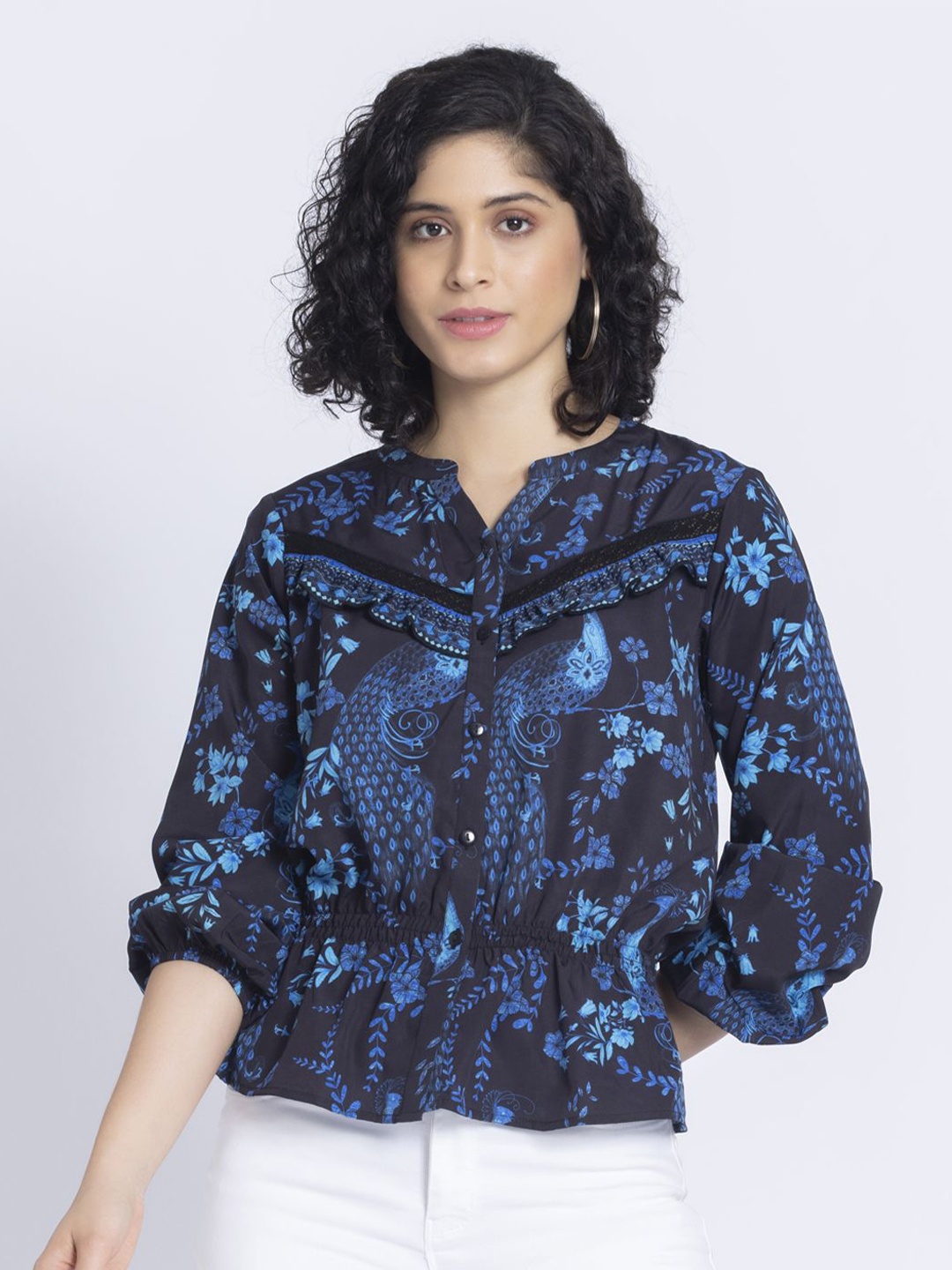 

SHAYE Floral Print Mandarin Collar Crepe Shirt Style Top, Blue