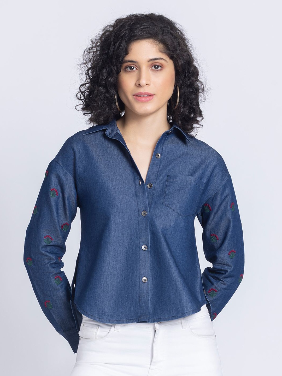 

SHAYE Women Embroidered Smart Opaque Casual Shirt, Blue