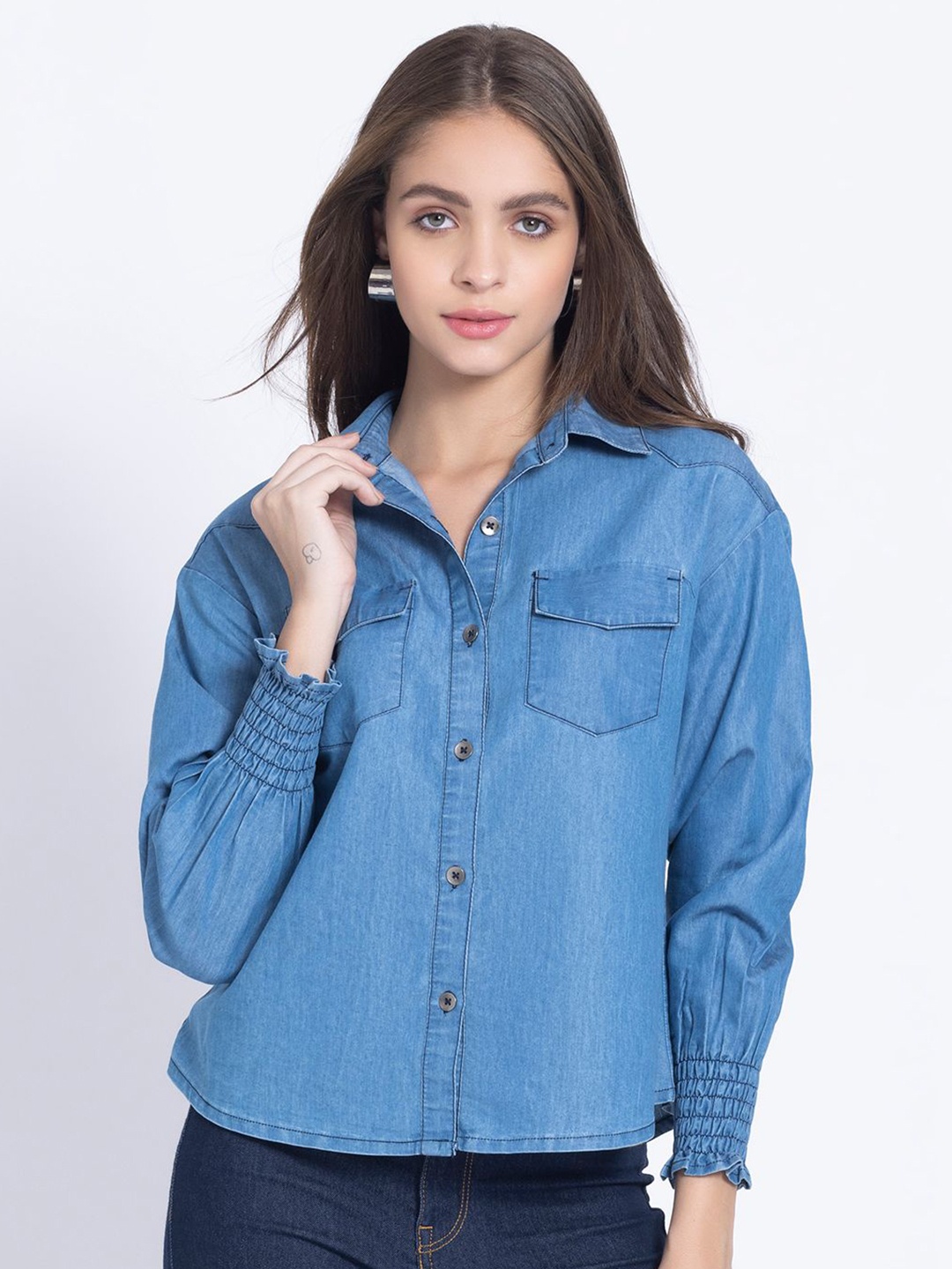 

SHAYE Women Smart Casual Denim Shirt, Blue