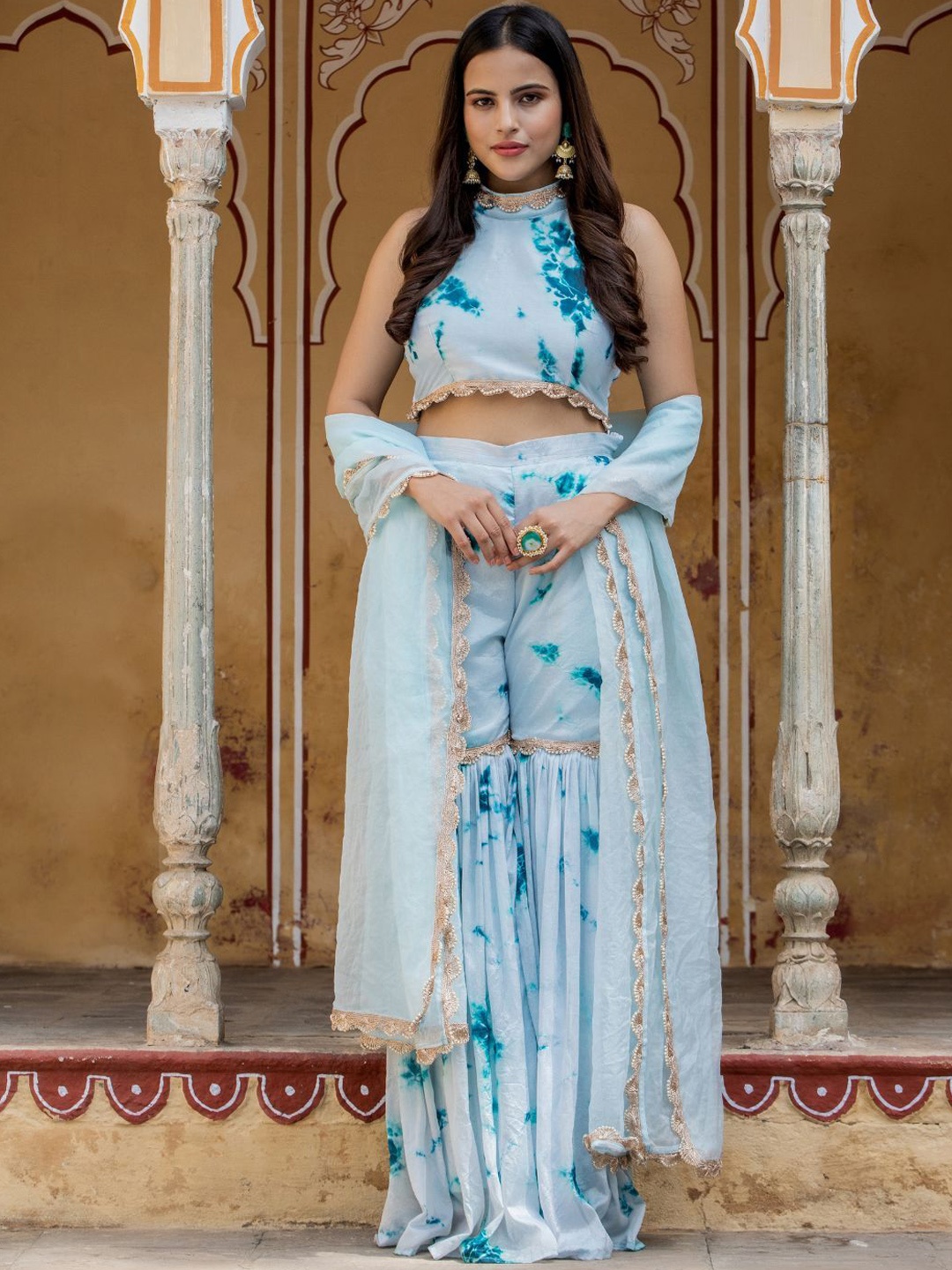 

HOUSE OF JAMOTI Ethnic Motifs Printed Top With Sharara & Dupatta, Blue