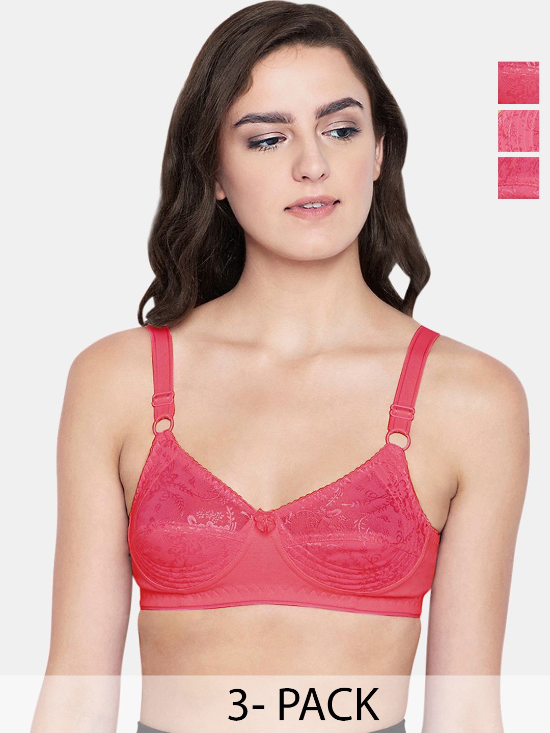 

Bodycare Women Pack of 3 Self Design Non Padded Non wired Full Coverage Bra, Coral