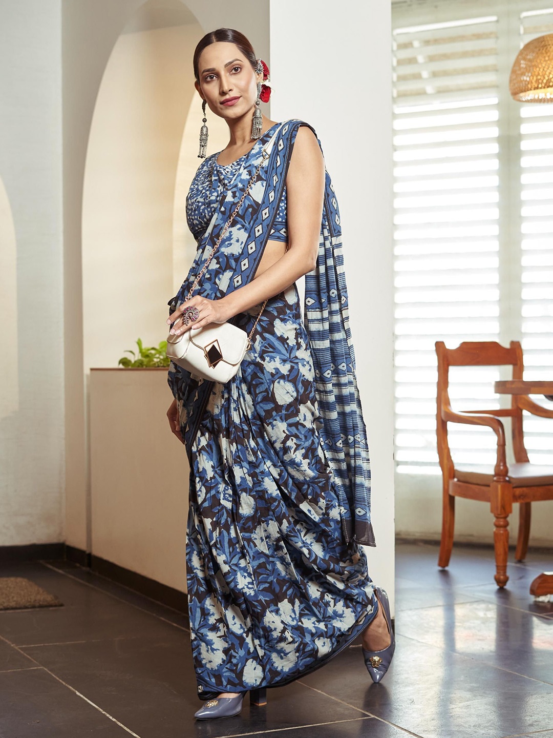 

Kalista Pure Cotton Ready to Wear Bagru Saree, Navy blue
