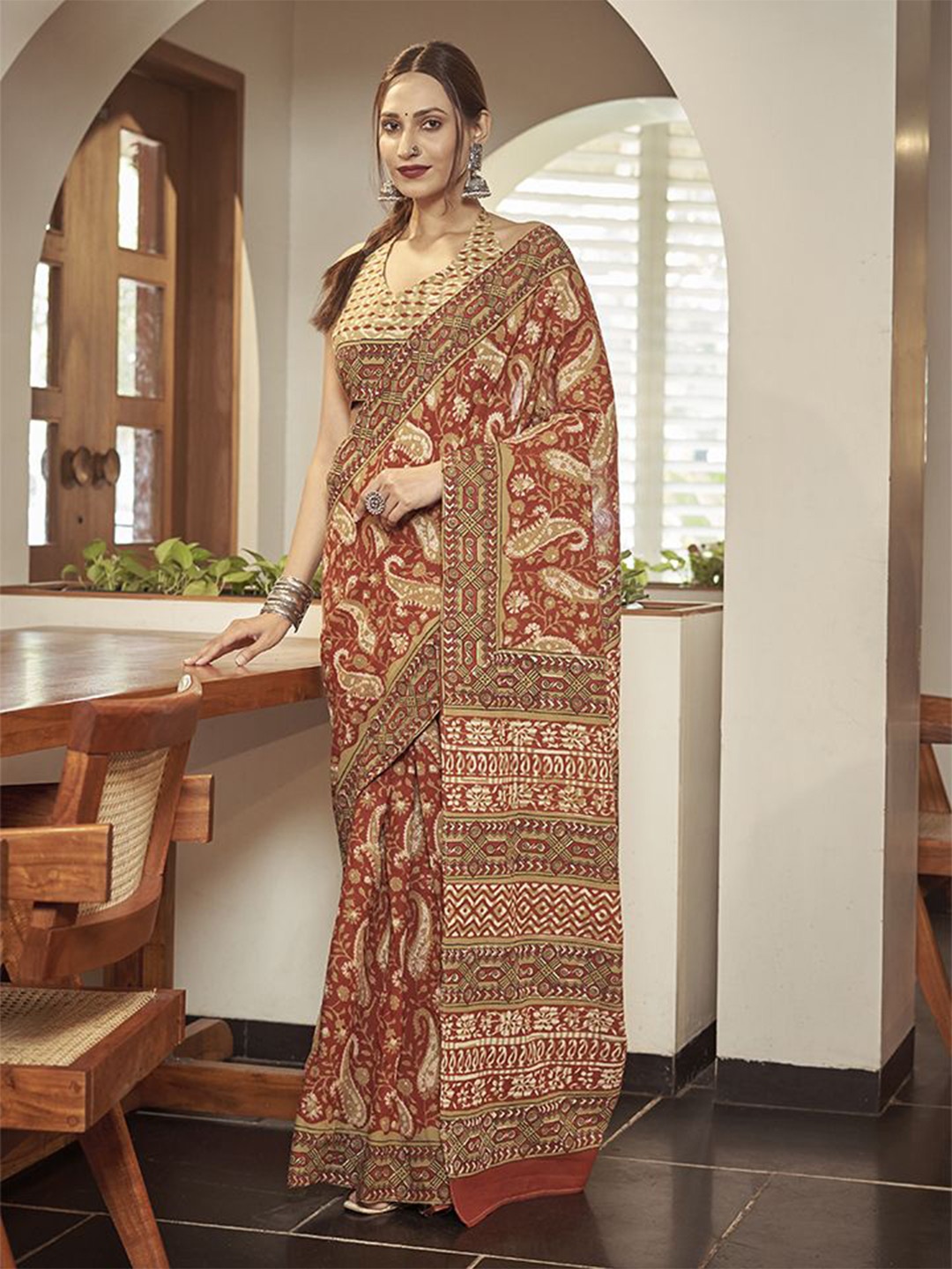 

Kalista Paisley Pure Cotton Ready to Wear Bagru Saree, Maroon