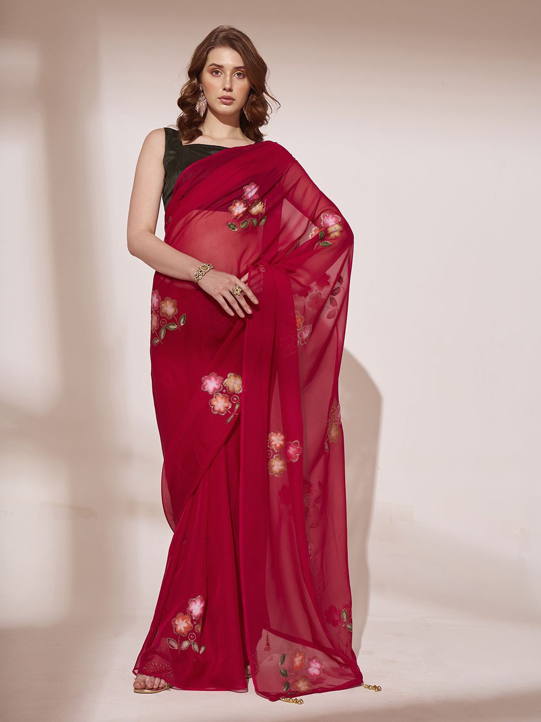 

Kalista Floral Sequinned Saree with Blouse, Red