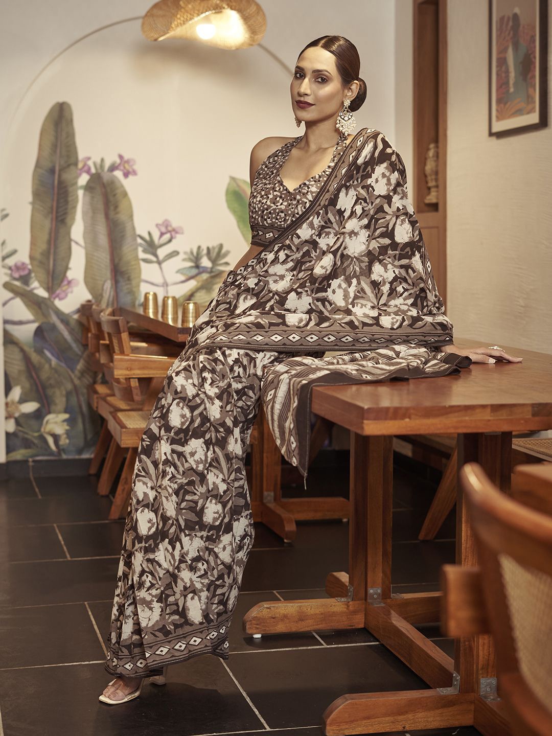 

Kalista Floral Pure Cotton Ready to Wear Bagru Saree, Charcoal