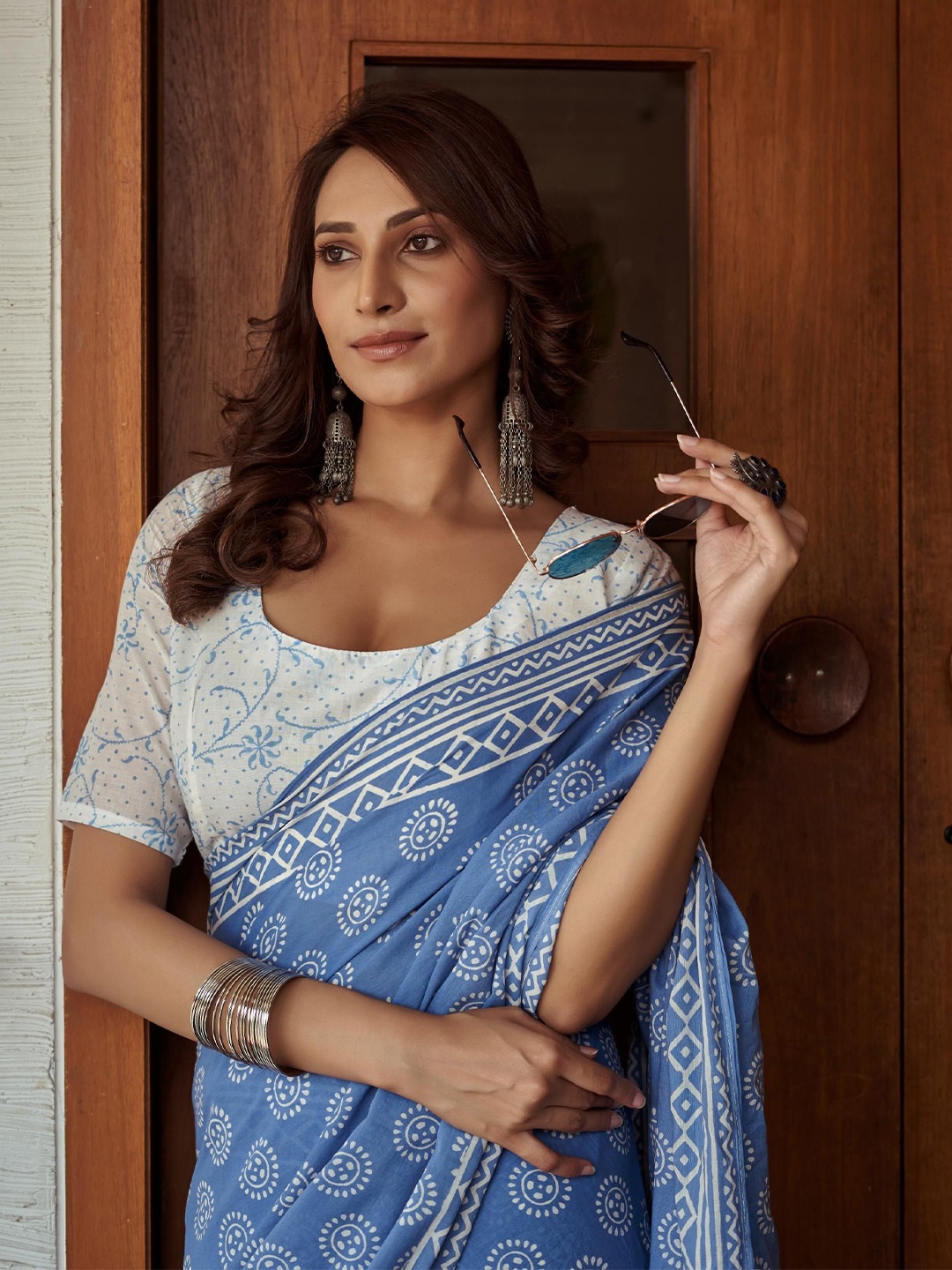 

Kalista Ethnic Motif Pure Cotton Ready to Wear Bagru Saree, Blue