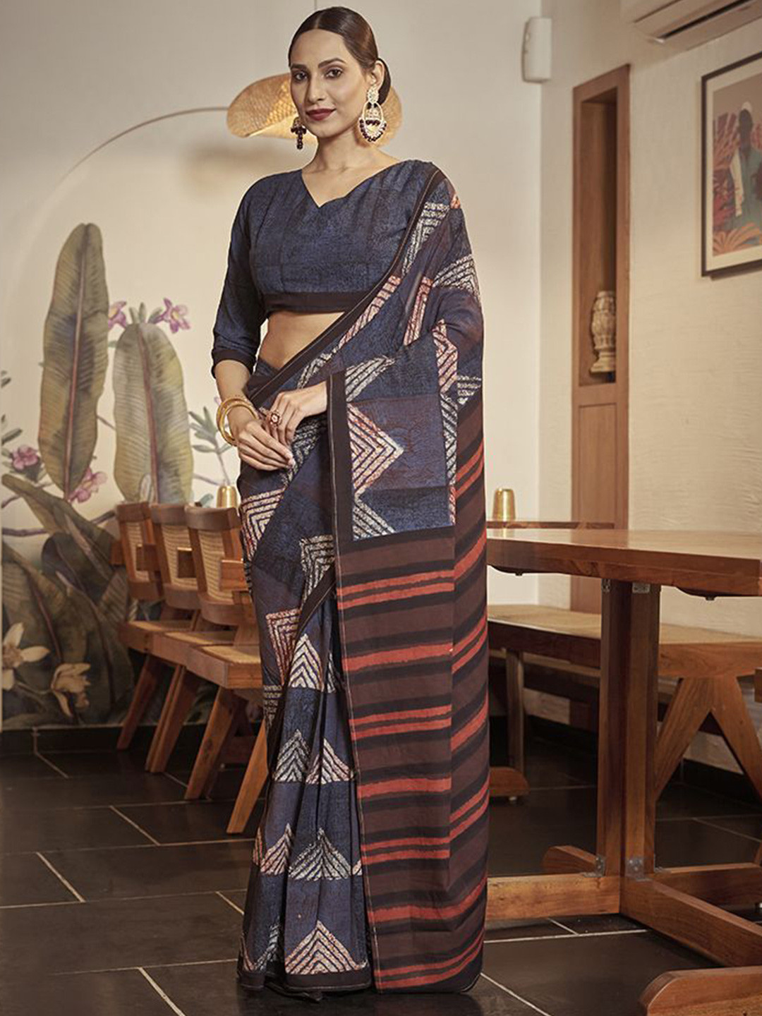 

Kalista Pure Cotton Ready to Wear Bagru Saree, Navy blue