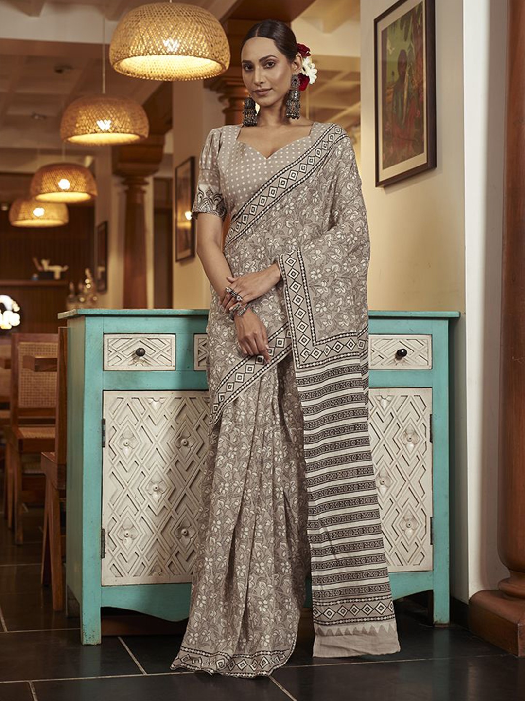 

Kalista Ethnic Motif Pure Cotton Ready to Wear Bagru Saree, Beige