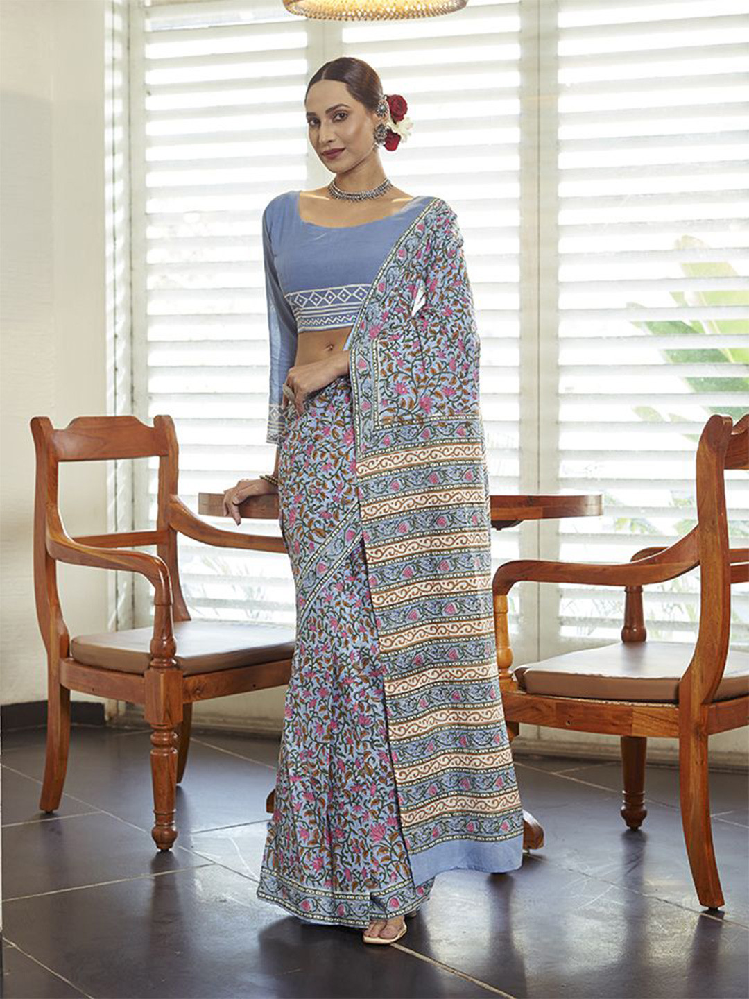 

Kalista Floral Pure Cotton Ready to Wear Bagru Saree, Blue